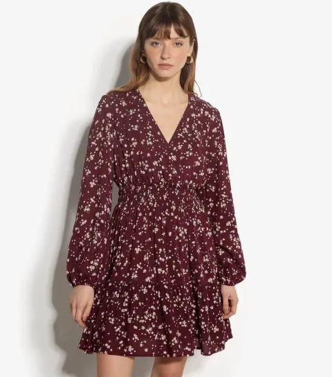 Dark Burgundy Daisy Print Wrap Front Mini Dress