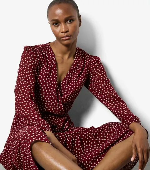 Burgundy Polka Dot Ruffle Midi Dress