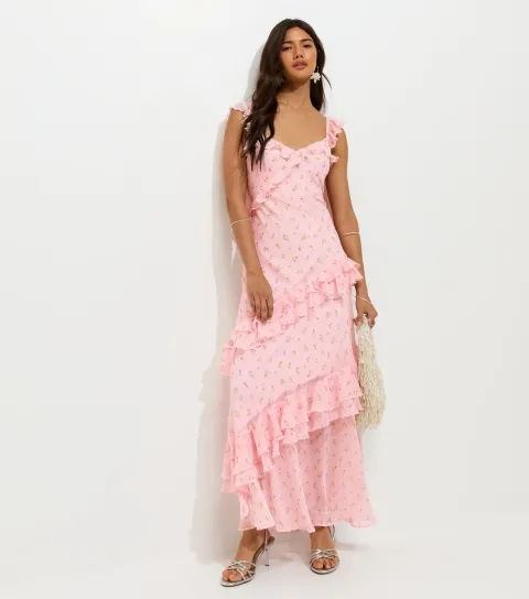 Pink Vintage Floral Print Ruffle Trim Maxi Dress