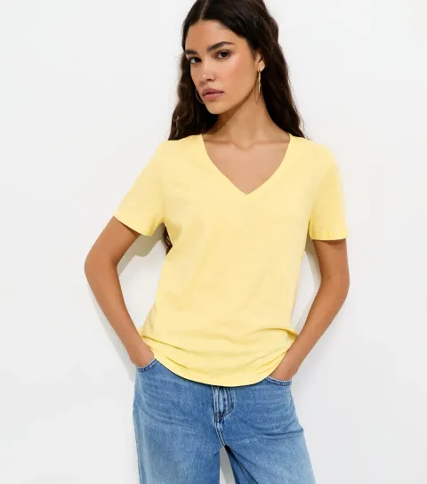Light Yellow Cotton V-Neck T-Shirt