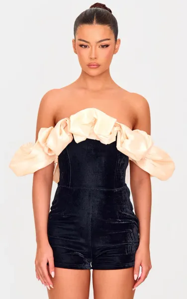 Black Contrast Bardot Puff Sleeve Velvet Playsuit