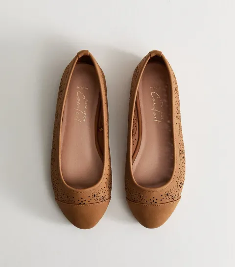 Wide Fit Tan Faux Leather Laser Cut Ballet Pumps Vegan