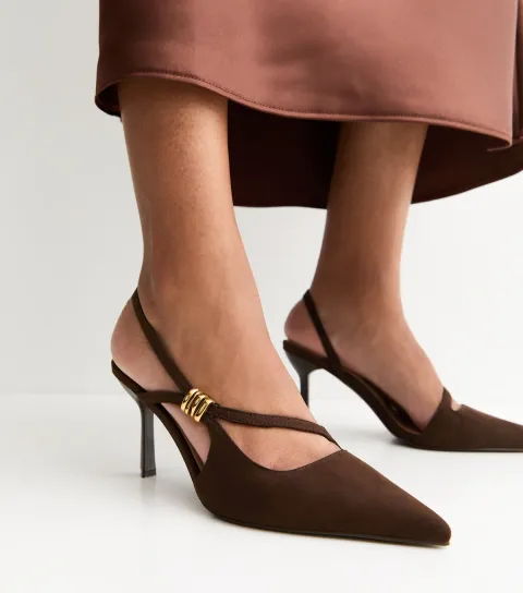 Dark Brown Asymmetric Strap Slingback Court Shoes Vegan