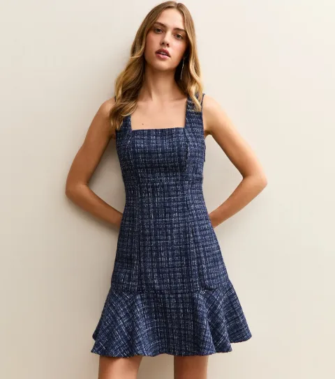 Navy Square Neck Boucle Mini Dress