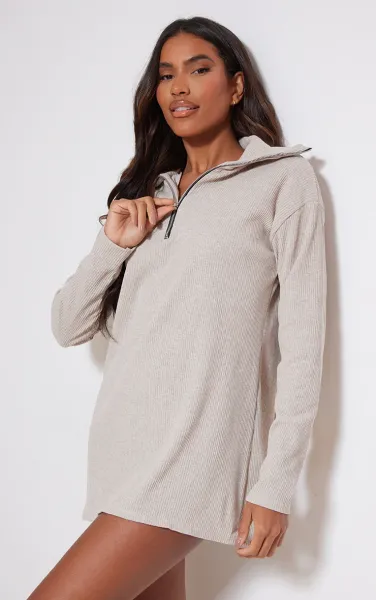 Sand Rib High Neck Half Zip Oversized Jumper Dress