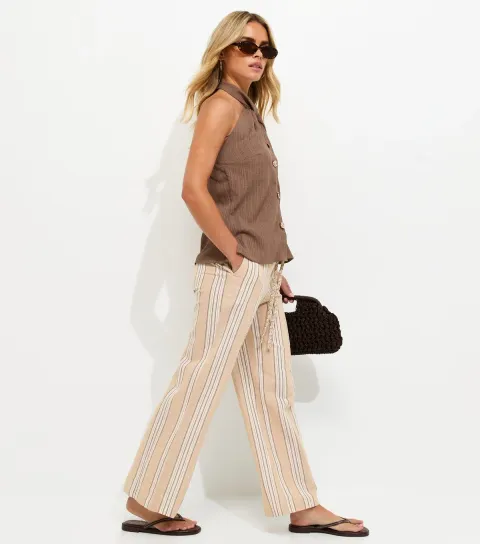 Petite Brown Cotton Rich Striped Wide Leg Trousers