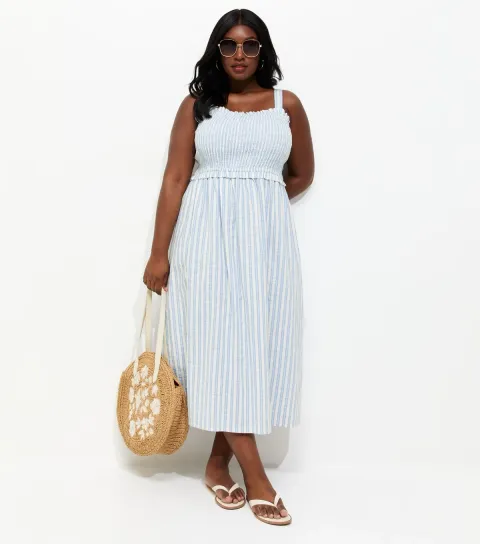 Plus Size Blue Striped Shirred Midi Dress Curves