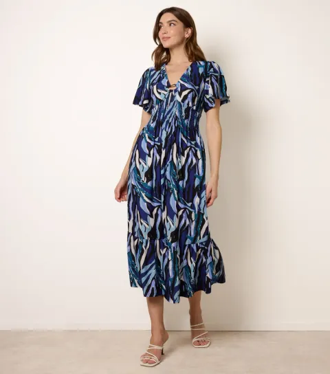 Navy Abstract Print Front Ring Midi Dress
