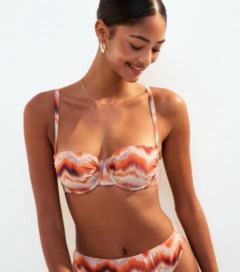 Orange Textured Tie Dye Metallic Print Underwire Bikini Top