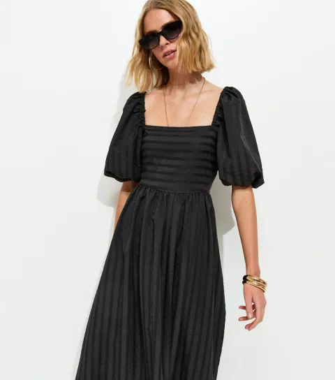 Black Puff Sleeve Striped Midi Dress