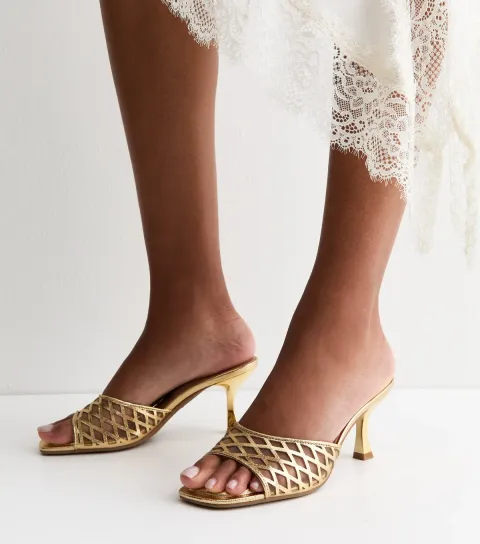 Gold Faux Leather Mesh Lattice Stiletto Mules Vegan