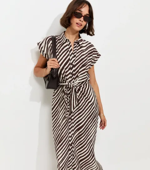 Brown Striped Tie Short Sleeve Midi Shirt Dress