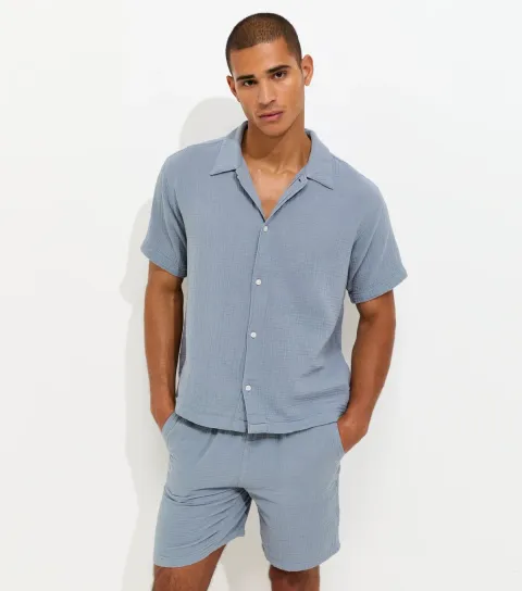 Blue Cotton Seersucker Short Sleeve Shirt