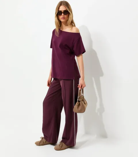 Dark Burgundy Pintuck Stripe Wide Leg Trousers