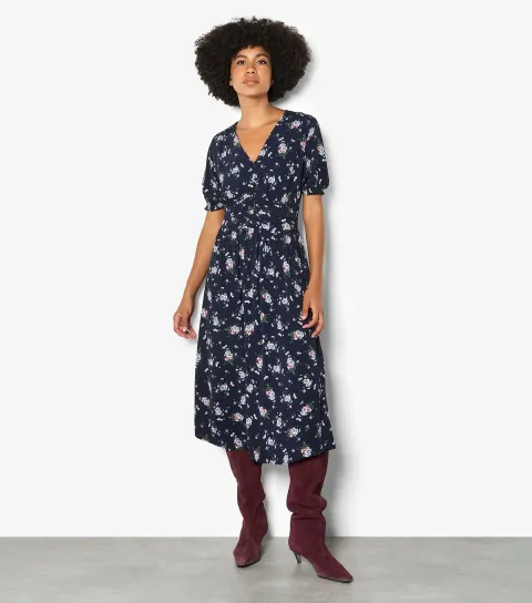 Navy Floral Button Front Midi Dress
