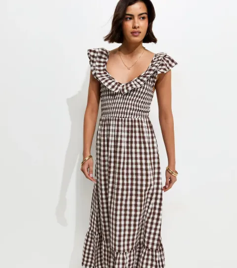 Brown Cotton Gingham Ruffled Neck Midi Dress