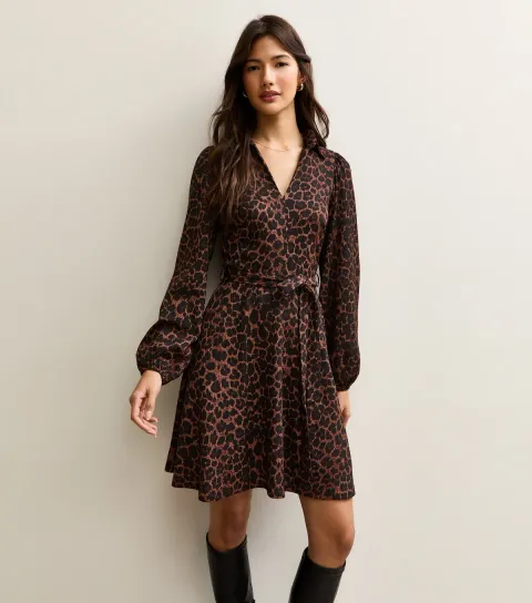 Brown Animal Print Long Sleeve Mini Dress