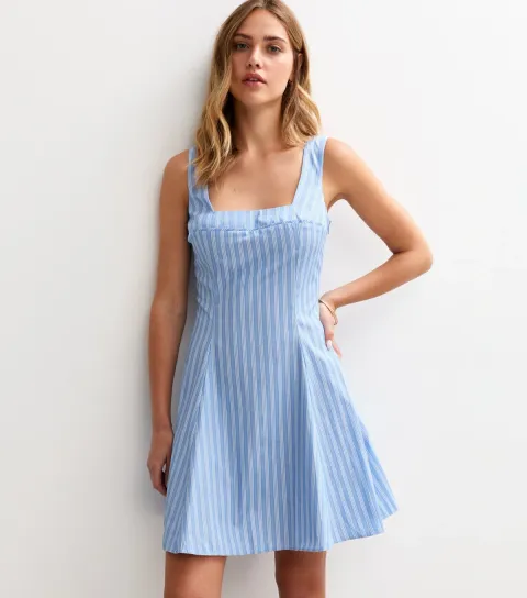 Blue Striped Poplin A-Line Mini Dress