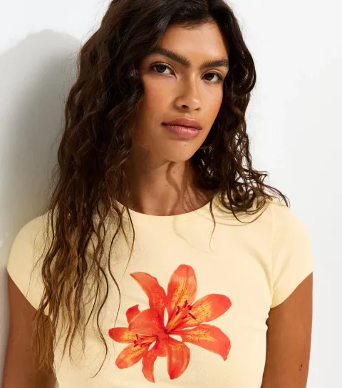 Light Yellow Cotton Rich Tiger Lily Print Baby Tee T-Shirt