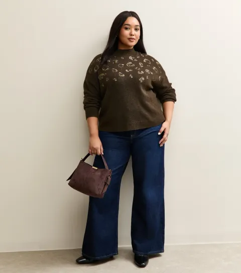 Plus Size Brown Sequin Leopard Knit Jumper Curves