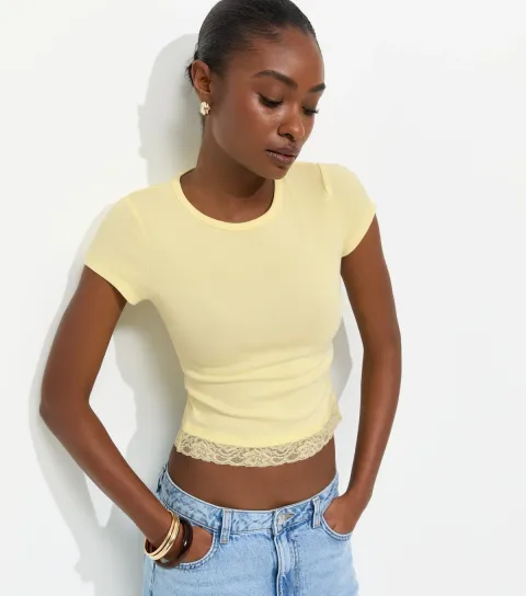 Light Yellow Cotton Rich Lace Hem Baby Tee T-Shirt