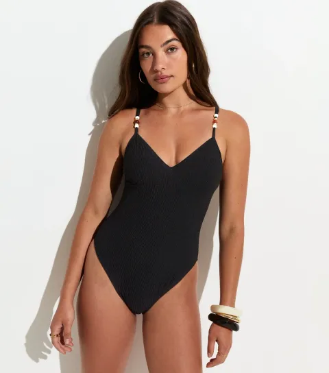 Black Tummy Control Beaded Strap Swimsuit