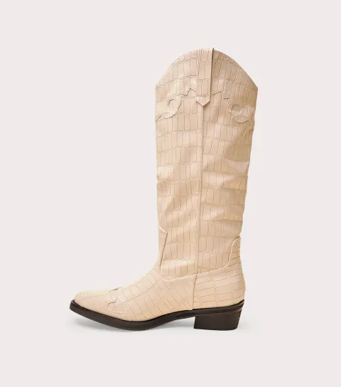 Off White Apollo Faux Leather Crocodile Embossed Western Boots