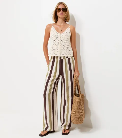 Green Striped Wide Leg Trousers