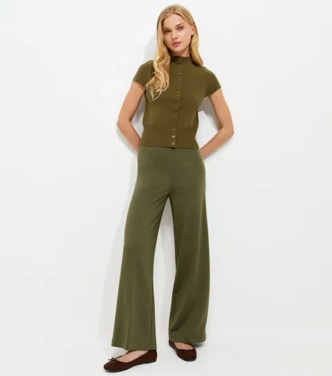 Dark Khaki Jersey Wide Leg Trousers