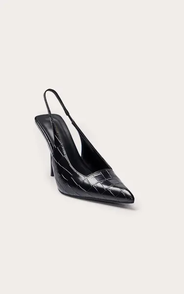 Black Croc Heeled Sling Back Court Shoe