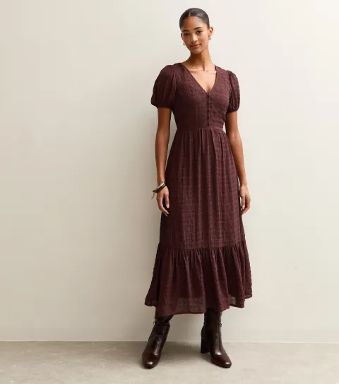 Brown Checked Button Through Midi Dress