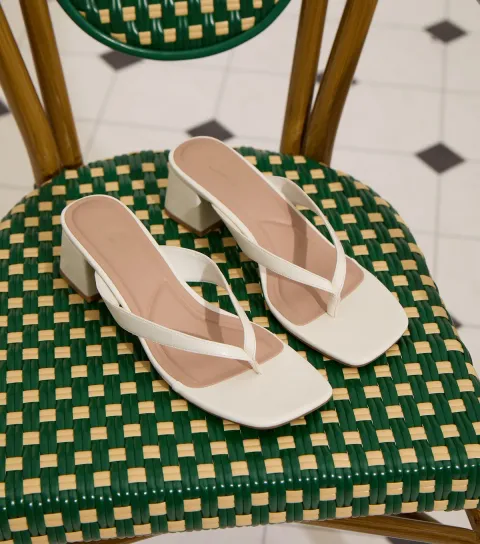 Off White Faux Leather Toe Post Block Heel Sandals Vegan