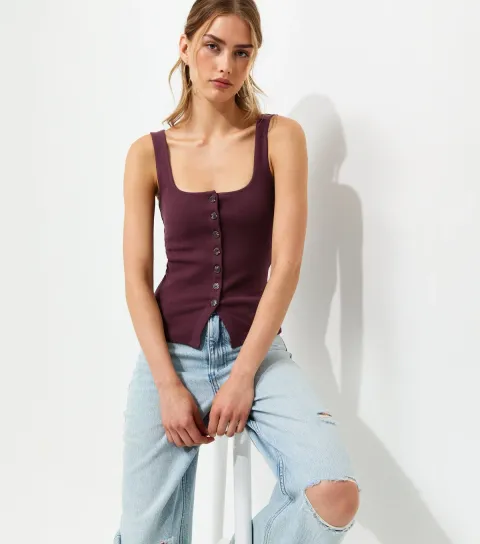 Premium Dark Burgundy Button Through Vest Top