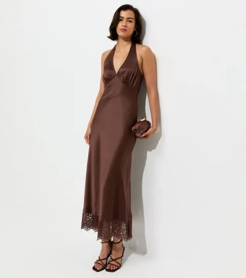 Dark Brown Satin Lace Trim Halteneck Midi Dress