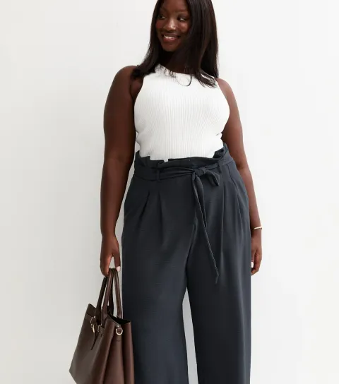 Plus Size Navy Paperbag Waist Wide Leg Trousers Curves