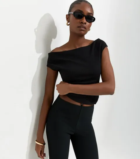 Black Cotton Rich Ribbed Bardot Off The Shoulder Top