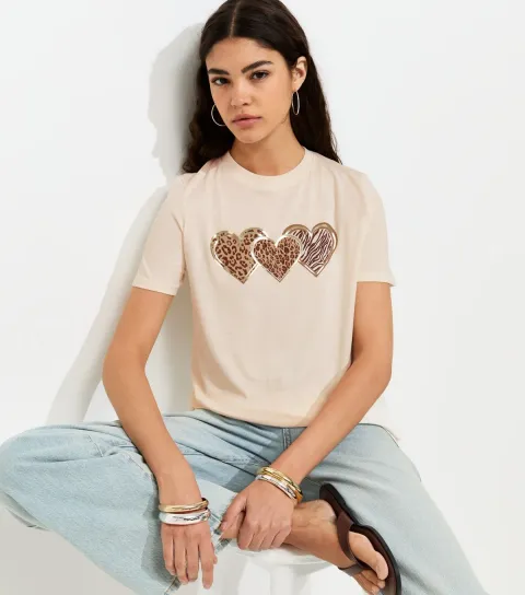 Off White Cotton Metallic Animal Heart Print T-Shirt
