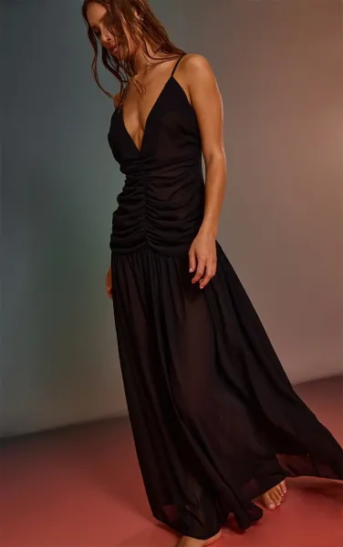 Black Chiffon Ruched Maxi Beach Dress