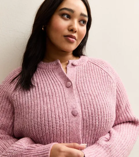Plus Size Pink Ribbed Knit Raglan Sleeve Cardigan Curves