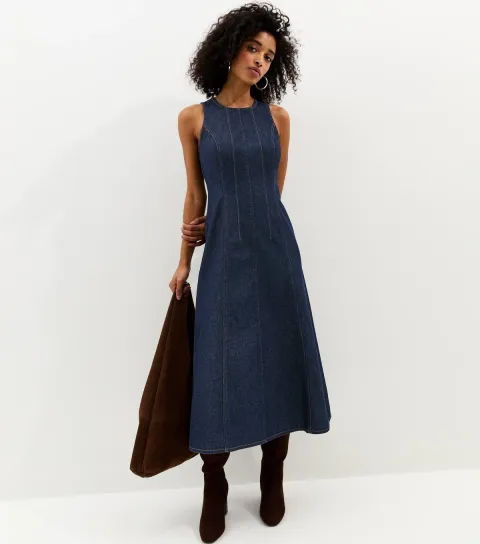 Navy Denim A-Line Sleeveless Midi Dress
