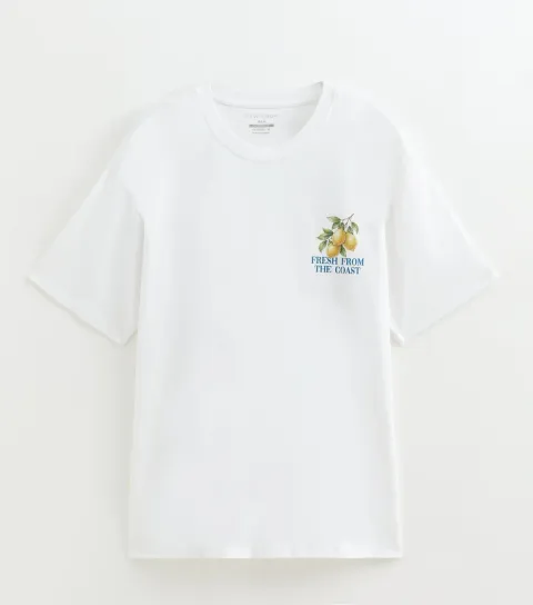 White Cotton Regular Fit Fresh From The Coast Graphic Print T-Shirt