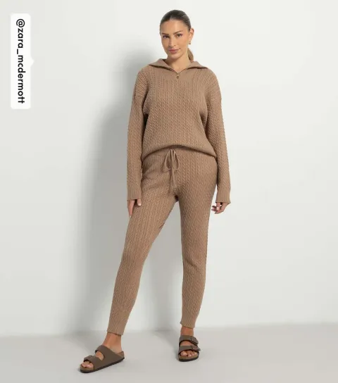 by Zara McDermott Tan Cable Knit Joggers