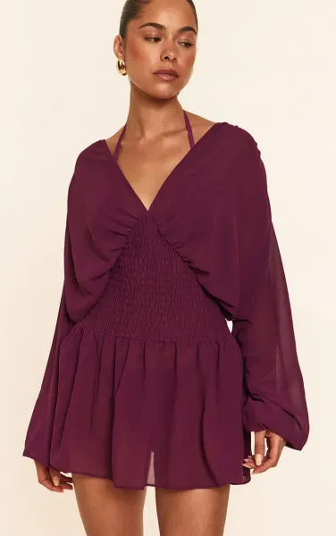 Purple Chiffon Shirred Waist Mini Beach Dress
