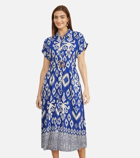 Blue Patterned Shirt Dress