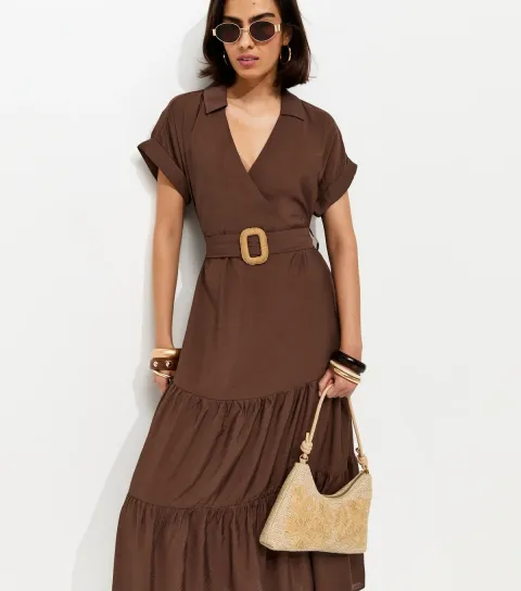 Dark Brown Tiered Belted Midi Dress