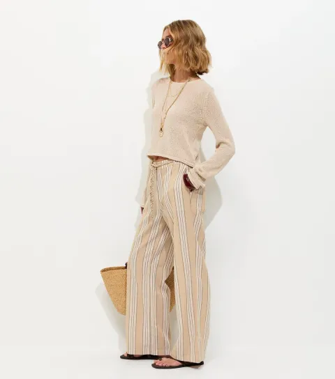 Mink Cotton Rich Striped Wide Leg Trousers