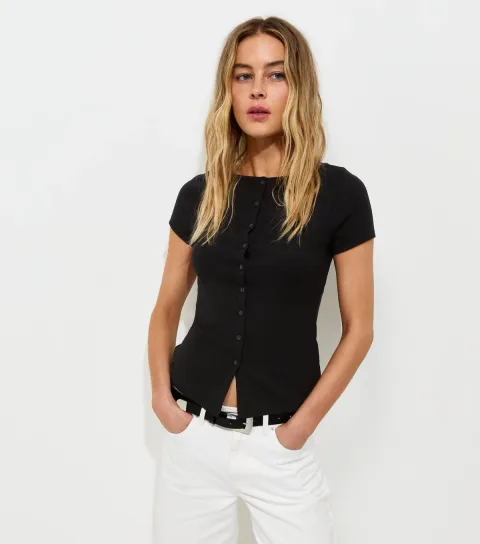 Black Cotton Rich Button Through Baby Tee T-Shirt