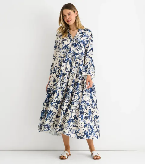 Blue Floral Print Shirt Dress