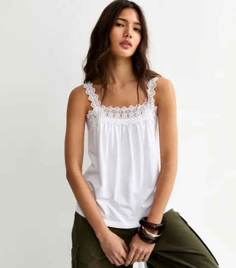 White Square Neck Trim Cami Top