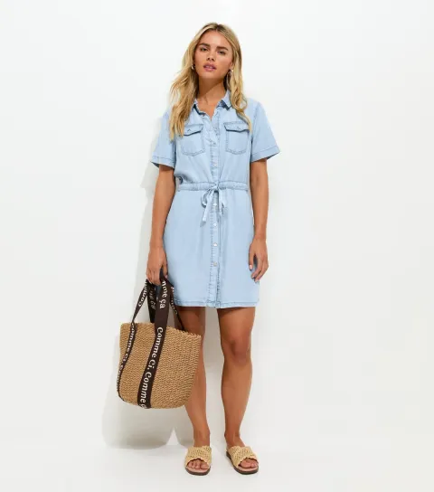 Petite Light Blue Short Sleeve Chambray Shirt Dress